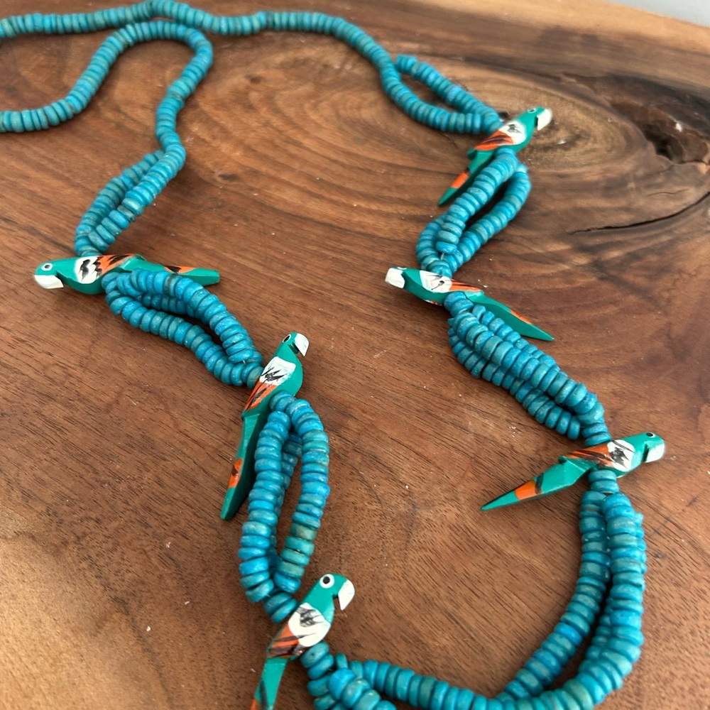 Teal Wooden Beaded Necklace with Parrot Accents vintage